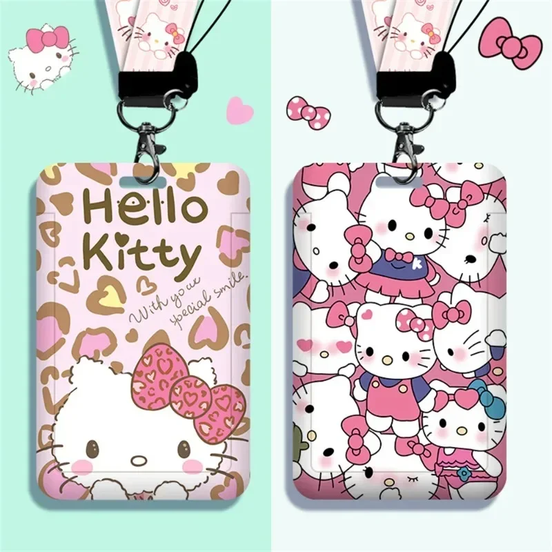 Cartoon Hello Kitty Card Holder with Lanyard - Durable Plastic, English Text, Ideal for Office ID, Subway Access & Meal Cards