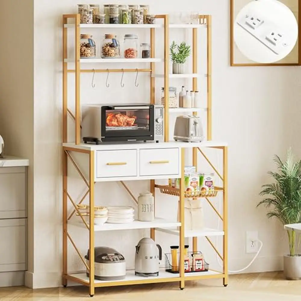 Cozinha moderna Rack De Armazenamento, Café Bar Gabinete, Tomada De Energia, 5 Prateleiras De Nível, Branco e Dourado Em Pé Bakers, Gabinete De Jantar, 35"