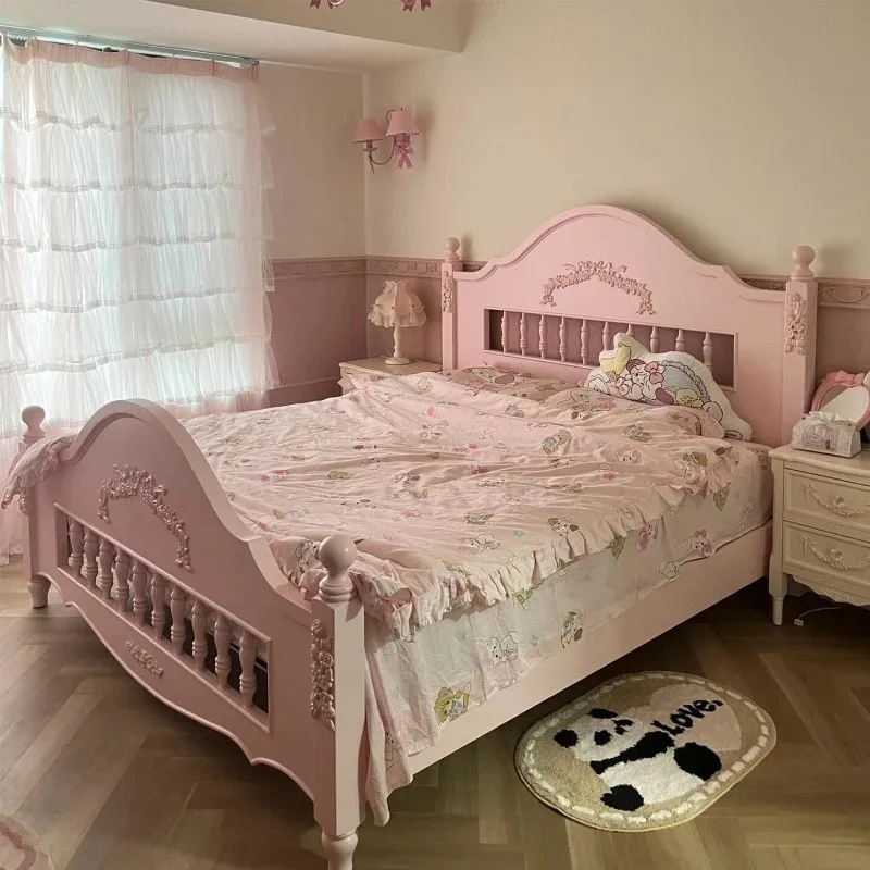 French court style solid wood 1.8 meters girl princess bed simple pink European cream style children's bed double