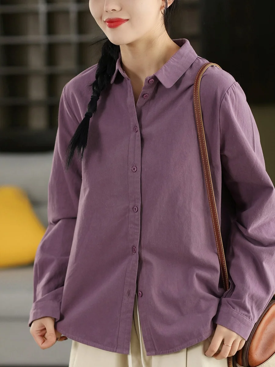 

Retro Pure Cotton Long Sve irt Women's Spring Sle Loose Fit Color Casual Top Breathable Comfortable Skin-Friendly