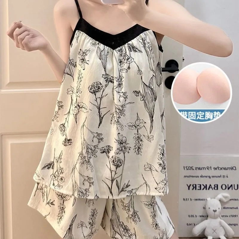 

Soft Cloud Cotton Pajamas Set Korean Women Summer Thin with Chest Pad Tankshorts Print Suspenders Shorts 2 Pieces Set Loungewear