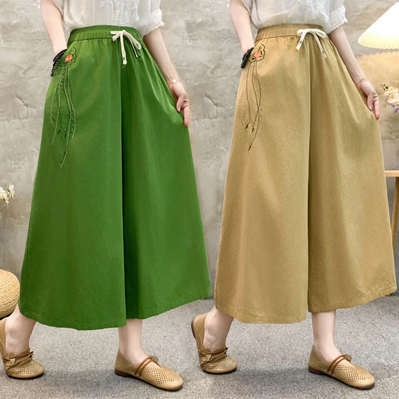 Linen Capri Pants Women 2024 New Summer Embroider Cotton Wide Leg Trousers Elastic Waist Straight Home Pants Women's Skirt Pants