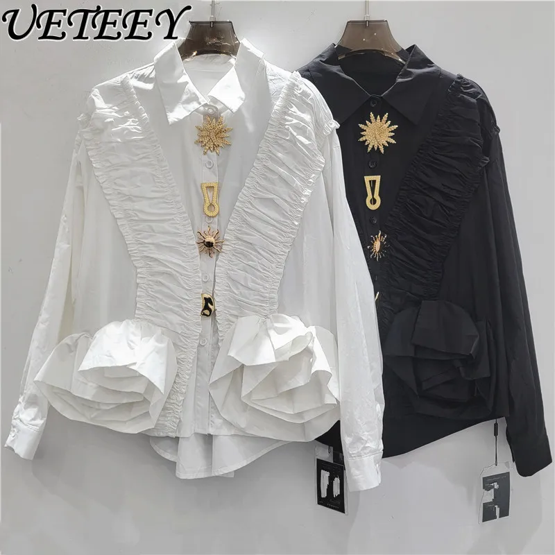 

Женская блузка с плиссировкой, пэчворком и металлическими элементами, высококачественная, с рюшами, весна 2026, новая нишевая модель, универсальный дизайн, свободный крой, длинный рукав