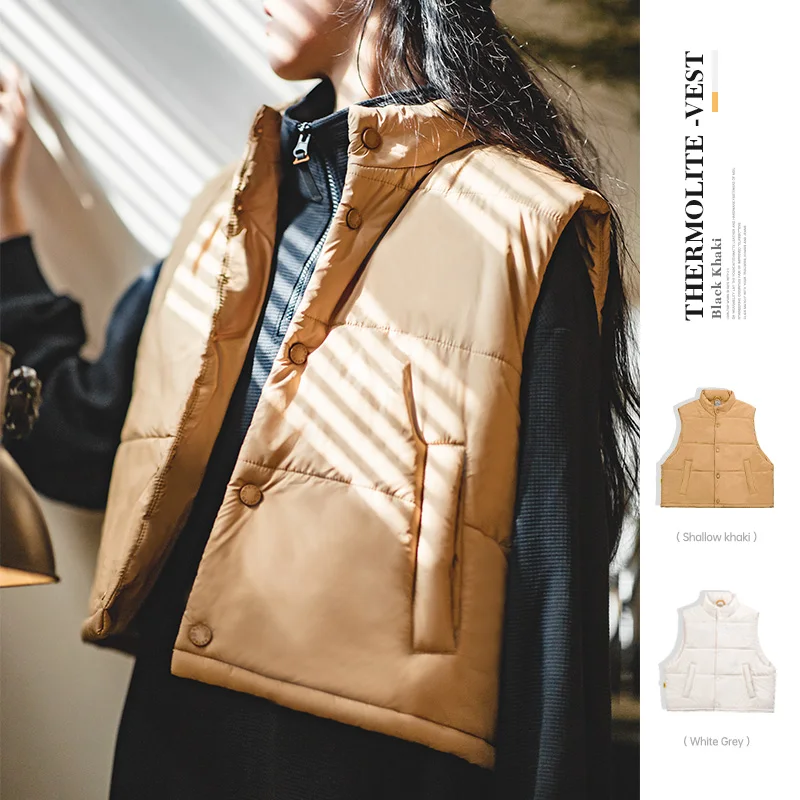 Maden Women's Autumn and Winter Warm Vest Beige Color Short Sleeveless Jacket Female Stand-up Collar Coat One Size Jacket