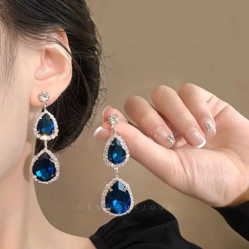 DUTRIEUX Luxury Necklace Earrings for Women Dark Blue Water Drop Crystal Earrings Wedding Bride Jewelry Accessorie Birthday Gift