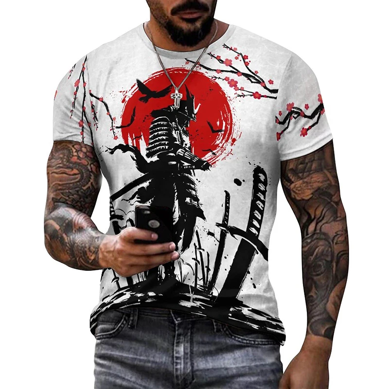 Japanese Samurai Ink Wash Graphic T Shirt for Men Clothing Harajuku Fashion 3D Printed T-shirt Women Clothes Vintage Streetwear