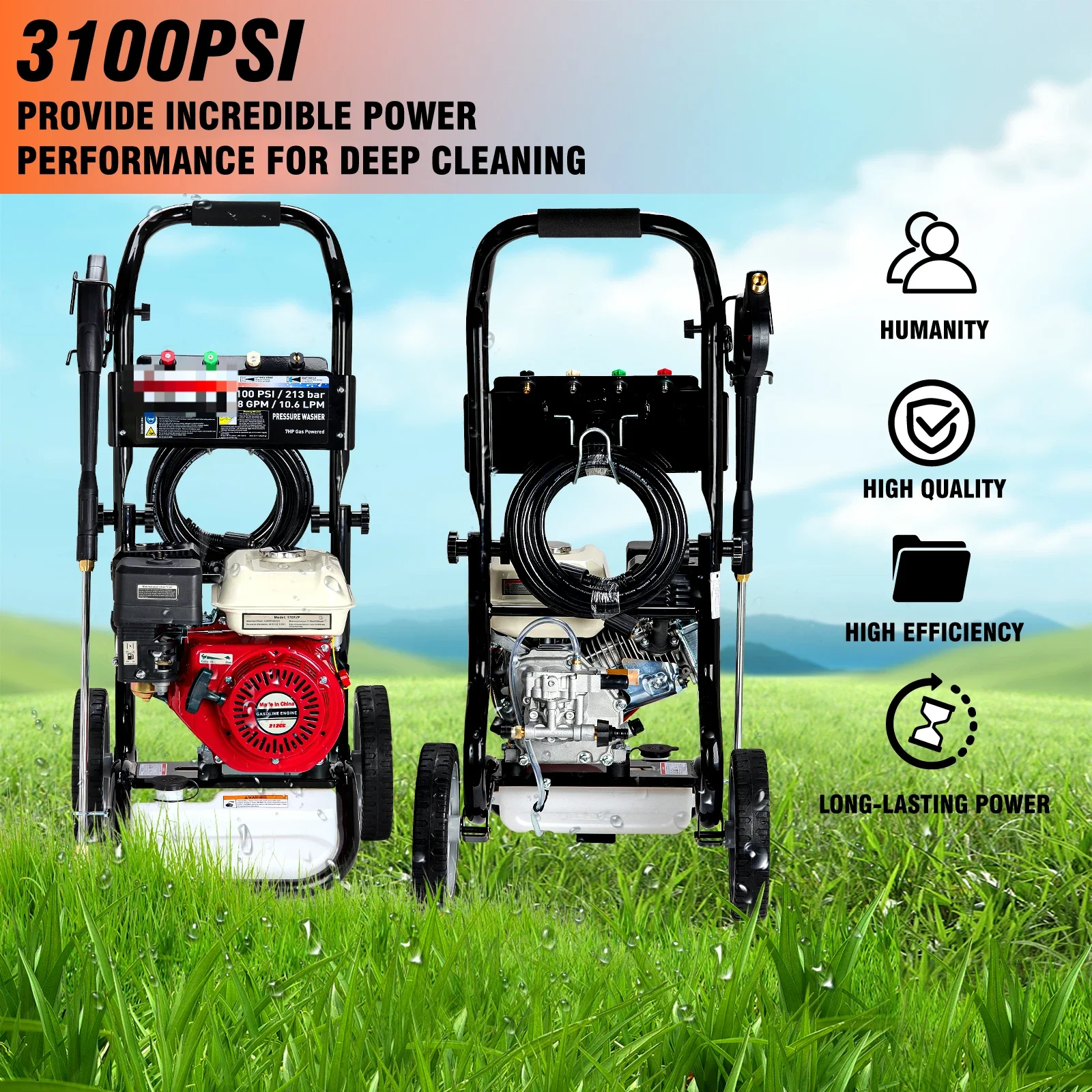 Multi functional 3100 pounds per square inch/213 bar 7HP gasoline high-pressure washer for personal use