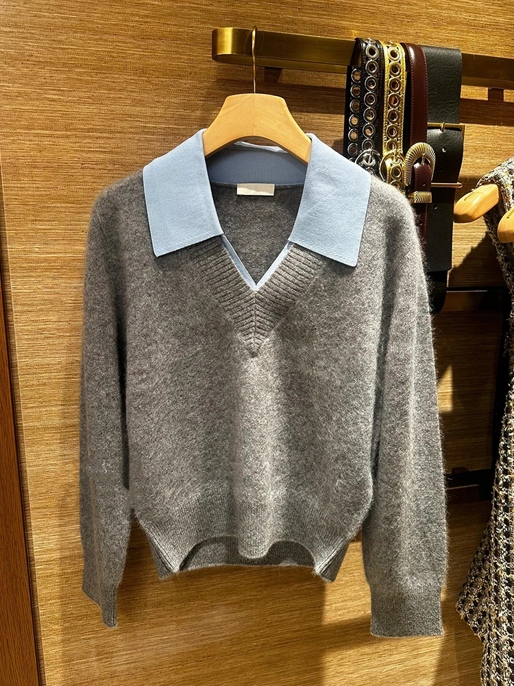 

V-Ne Knitted Sweater Fake Two-Piece Casual Sle Soft Fabric Long Sve Women's Top for Autumn Season Chinese Manufacturer
