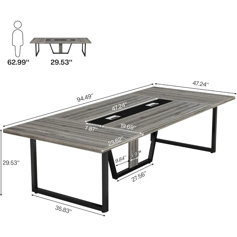 8FT Conference Table, for 10 People, Wooden Seminar Training Table with Strong Metal Frame for Office Business