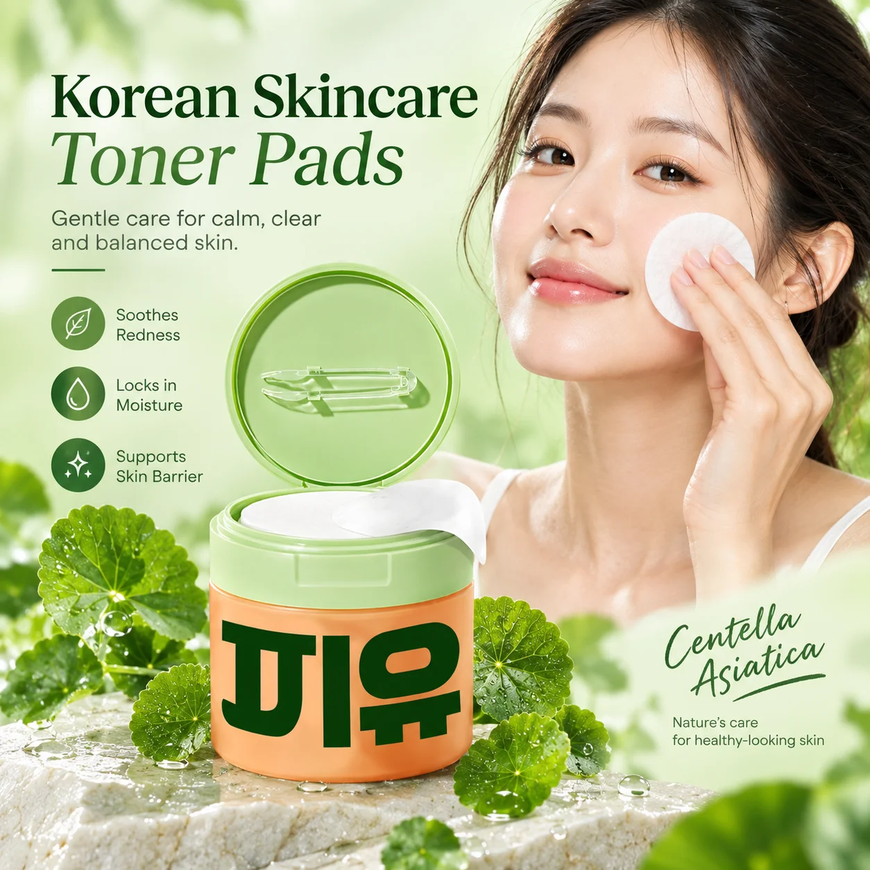 Korean Centella Asiatica Moisturizing Toner Cotton Pads for Wrinkles Care,Brighten Dull Skin Hydrating Facial Treatment 100Count