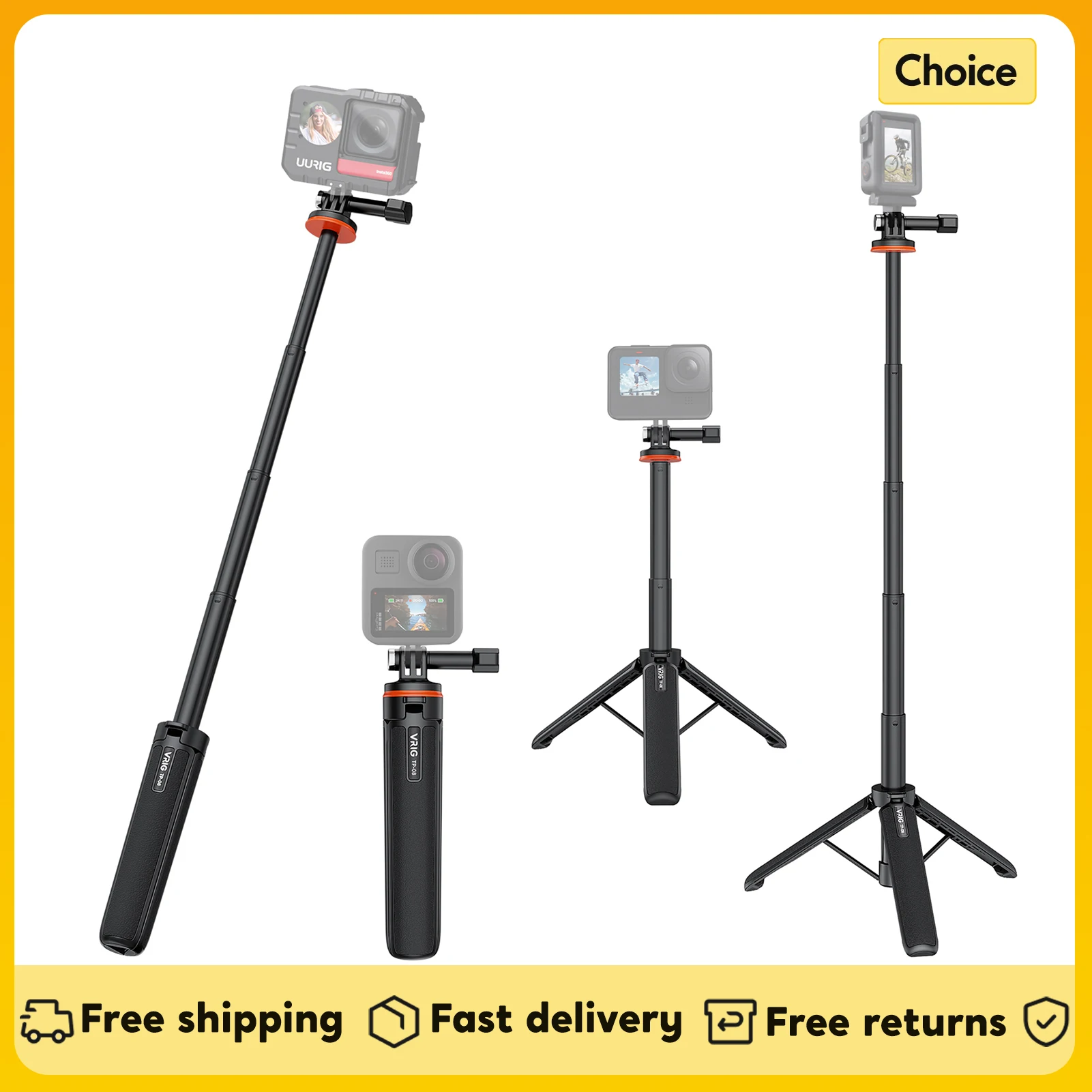 VRIG TP-08 Sports Camera Selfie Stick Tripod Stand 51cm Max. Height for GoPro 11/10/9 Vlog Live Streaming Selfie Video Recording