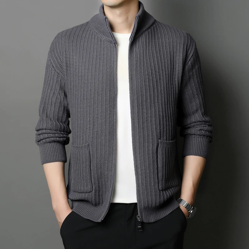 2024 Spring and Autumn Coat Solid Color Men's Stretch Cardigan Thermal Turtleneck Sweater Casual Zipper Top