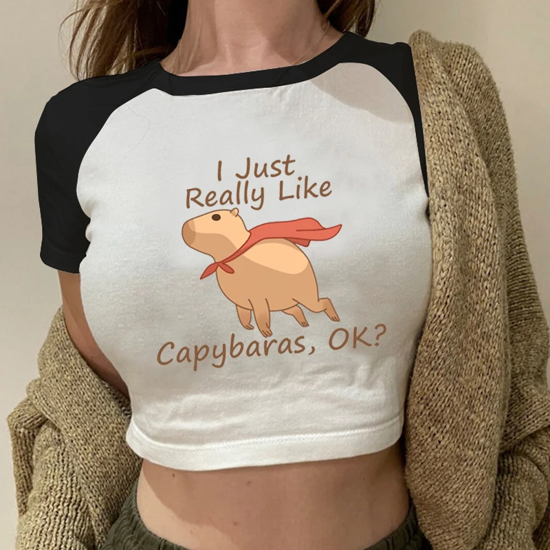 I Love Capybara T Shirt Vintage Streetwear Capybaras Print Crop Tops Harajuku Fashion Casual Soft O-Neck Women's Y2K Baby Tees