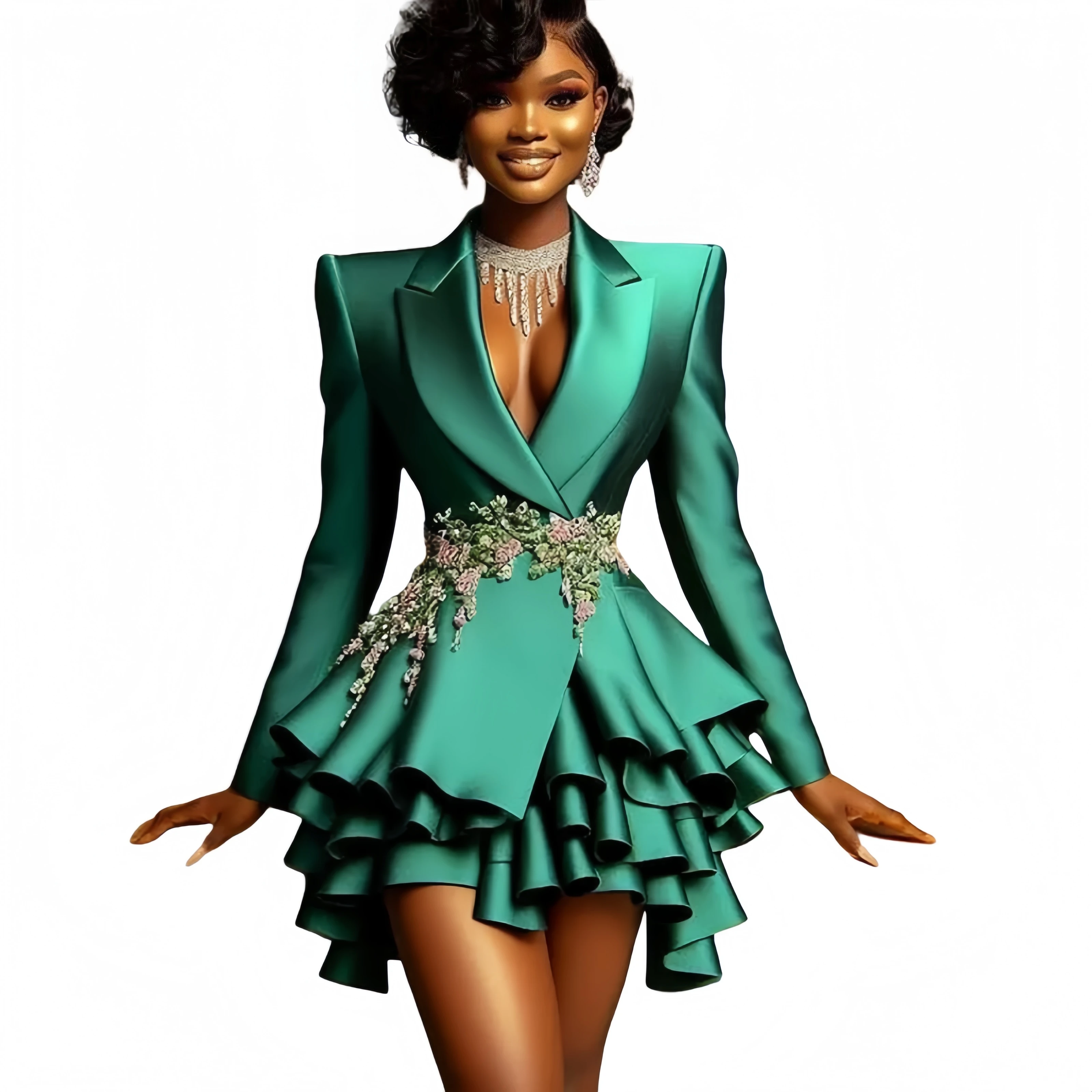 الزمرد الأخضر Aso Ebi فساتين لحضور الحفلات الموسيقية الدعاوى مع الزهور يزين المتدرج الكشكشة كوكتيل حزب ثوب مخصص ملابس عيد ميلاد