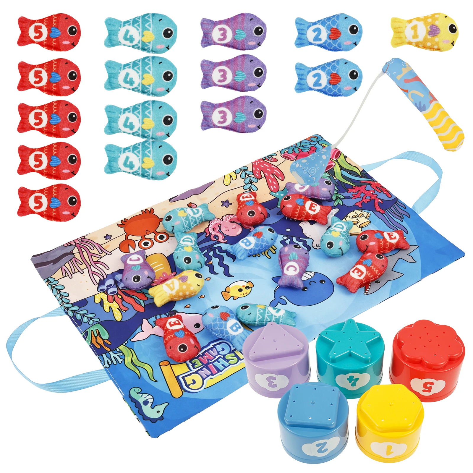 

Cloth Fishing Game Baby Toy Portable Cloth Fishing Play Toy with 5 Stackable Bucket for 0 to 36 Months Boys Girls