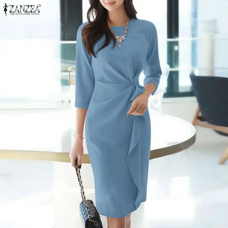 قميص نسائي طويل من Vestidos ZANZEA فستان مكشكش على الموضة لخريف 2025 3/4 كم مطوي أنيق للمكتب للسيدات رداء متين غير رسمي #2