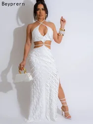 Beyprern Elegant White Hollow Out Ruffles Maxi Dress For Women Chic Split Party Long Dress Night Clubwear Beach Cover-Up Outfits