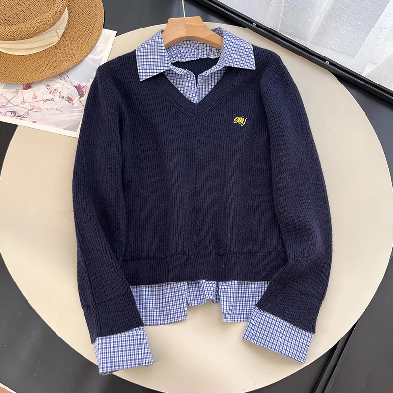 

Осенне-зимний вязаный свитер с клетчатым воротником, имитация двухслойности, в университетском стиле, свободный крой, с длинными рукавами, женский