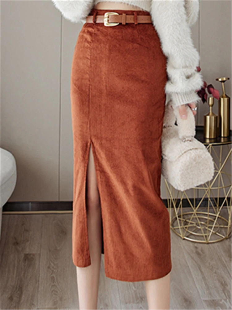 REALEFT Vintage Corduroy Pencil Skirts With Belt 2022 Winter Elegant Side Split Solid Color Midi Length High Waist Skirts Female