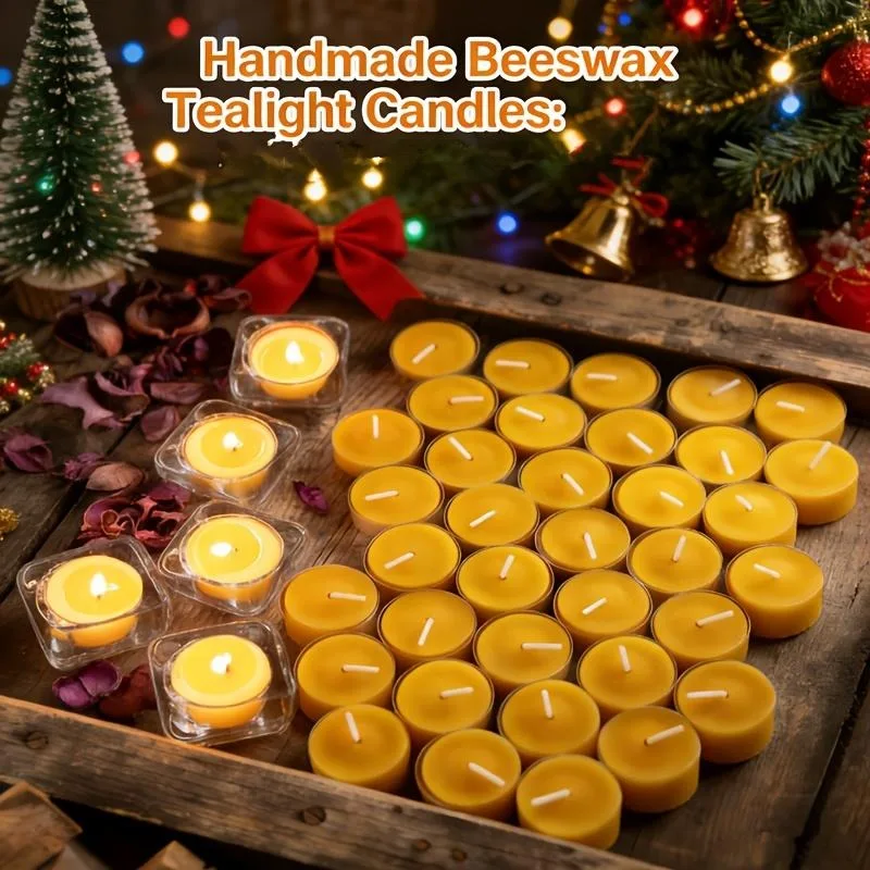 12 Yellow Handmade Pure Beeswax Tea Candle Set - No Additives, Halloween, Meditation Home Decor Gift