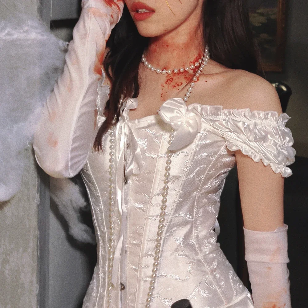 Gothic Vintage Corset Blood Bride Medieval Cosplay Halloween Costumes For Woman Retro Palace Court Top Sexy