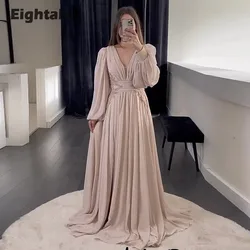 Eightale Evening Party Dress Women Elegant Luxury V-Neck Appliques Beaded Chiffon Long Sleeves Prom Gown Vestidos De Graduación