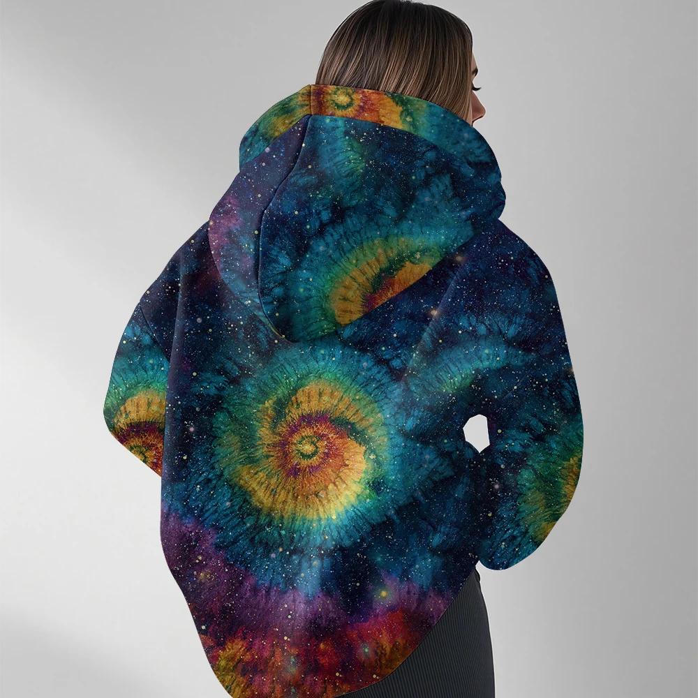 ​Women's Cosmic Spiral Tie-Dye Hoodie Loose Fit V-Neck Hip Hop Streetwear Sweatshirt Purple Blue Galaxy Print Winter Fashion