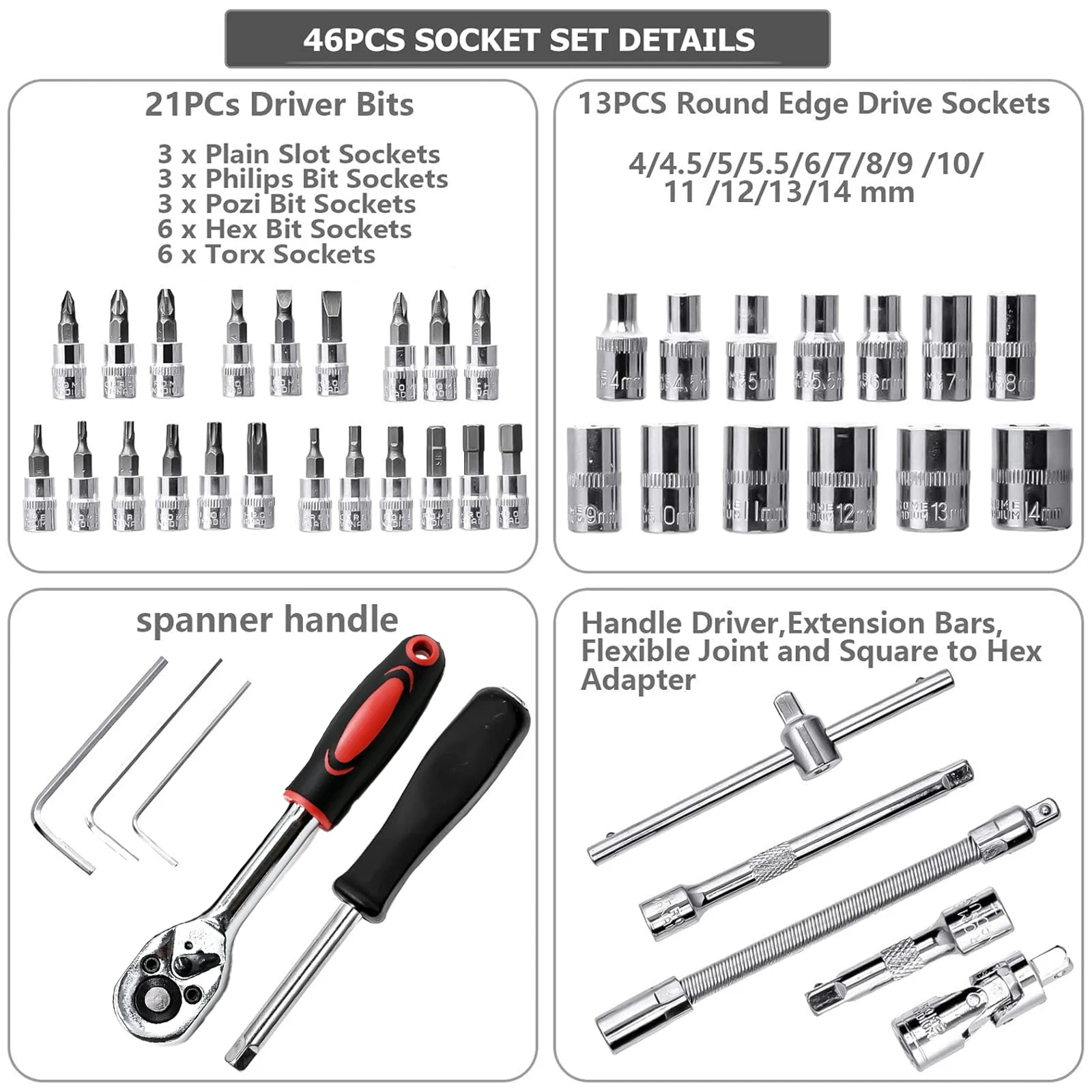 46 Pcs 1/4 Inch Drive Socket Set Metric Ratchet Wrench Set 4-14mm CR-V Socket S2 Drill Bit Extension Rod Screwdriver Bit for Home Auto Bike Repair Garage Workshop Tools Kit Storage Case for Men Mechanic Women Family Friend Birthday Christmas Gift