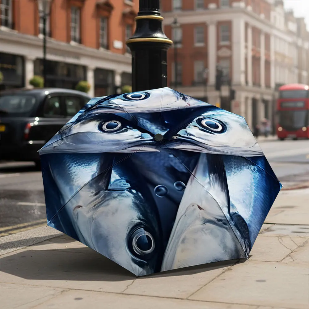 1P C Unique Fish-Themed Umbrella Design in Front of a Famous Building 8 Iron Ribs Folding Umbrella Auto-Open Fashion Sunshade