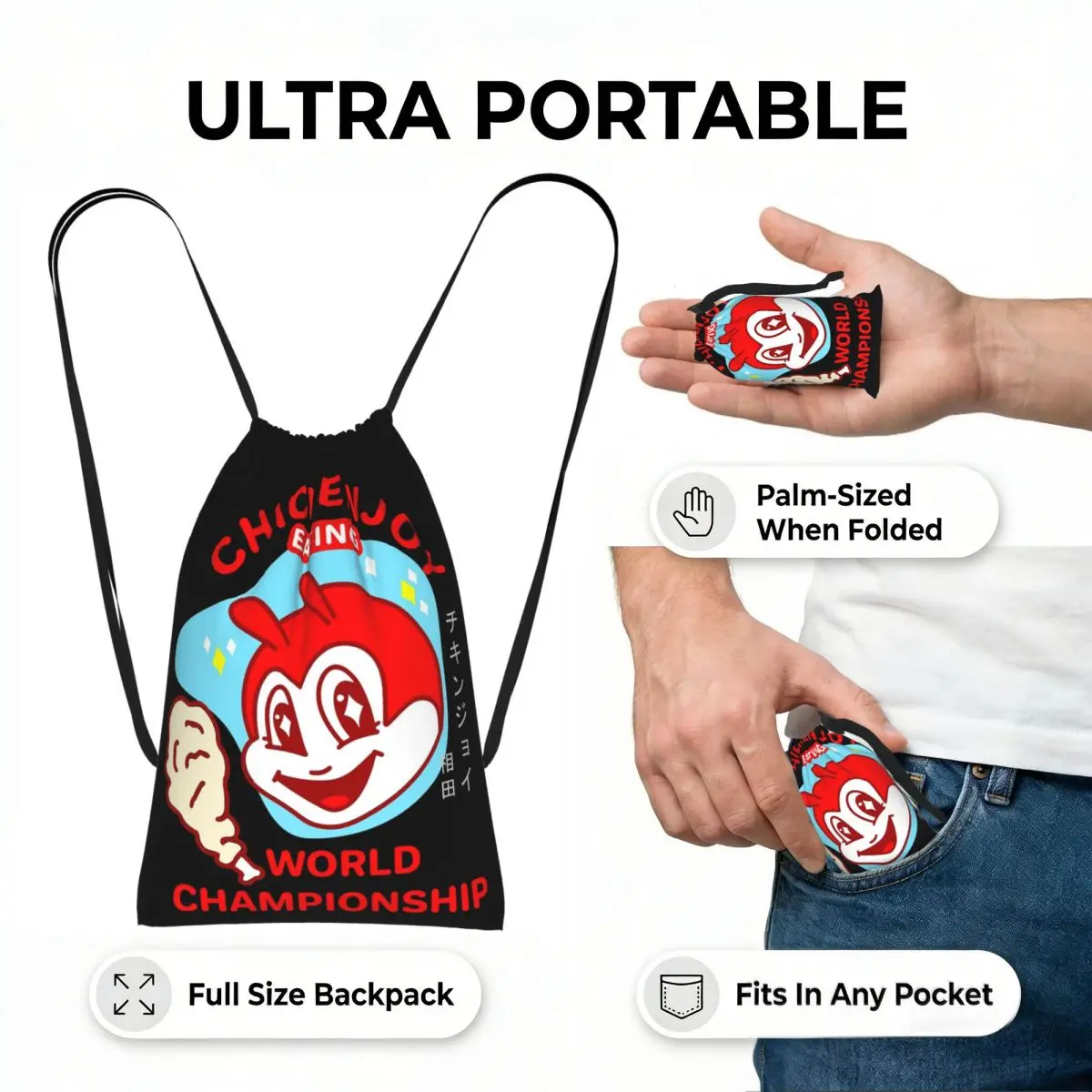 Jollibee Burger Restaurant Mascot Drawstring Backpack hiking cycling Bag Lightweight Foldable Storage Drawstring Bag Men Women