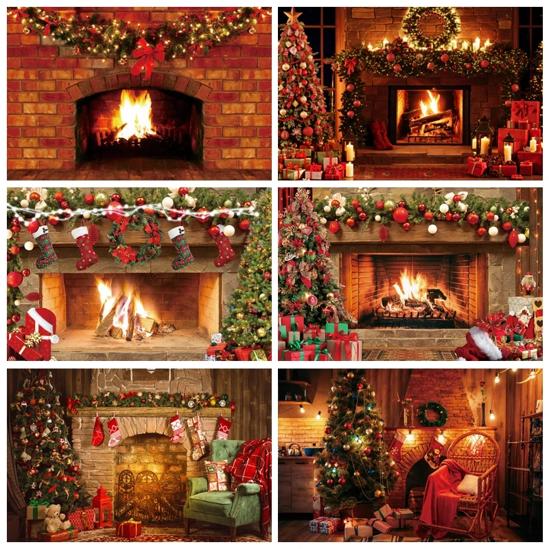 

Christmas Fireplace Theme Backdrop for Photography Merry Xmas Sock Gift Decor Family Party Banner Background Photo Studio Props