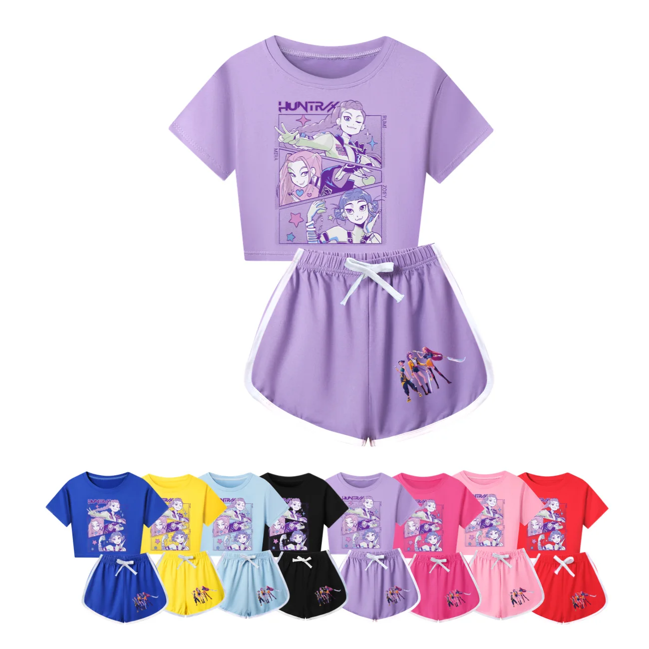 Summer Kids KPop Demon Hunters Huntrix Suit Toddler Girls Sets Top+shorts 2pcs Sets Sports Suit Baby Sets Boys Clothes Pajamas