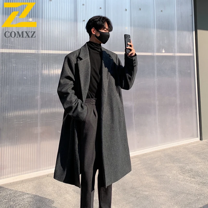COMXZ Long Wool Overcoat Men Korean Style Autumn Winter Fleece Lined Thickened Woolen Trench Casual Travel Windproof Garment