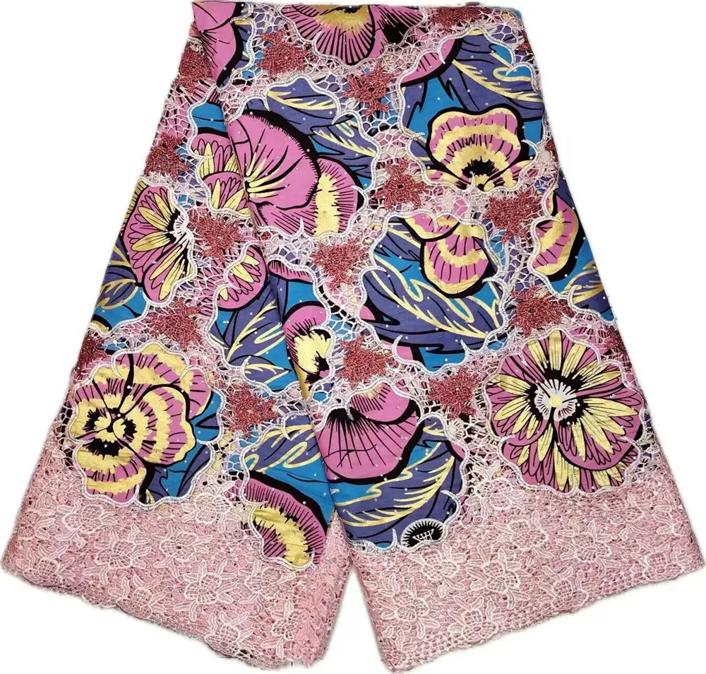 

Нигерийская хлопковая ткань с пайетками и вышивкой Ankara Wax Lace, 5 ярдов, высококачественная 3D-вышитая африканская ткань Wax Lace для праздничных платьев