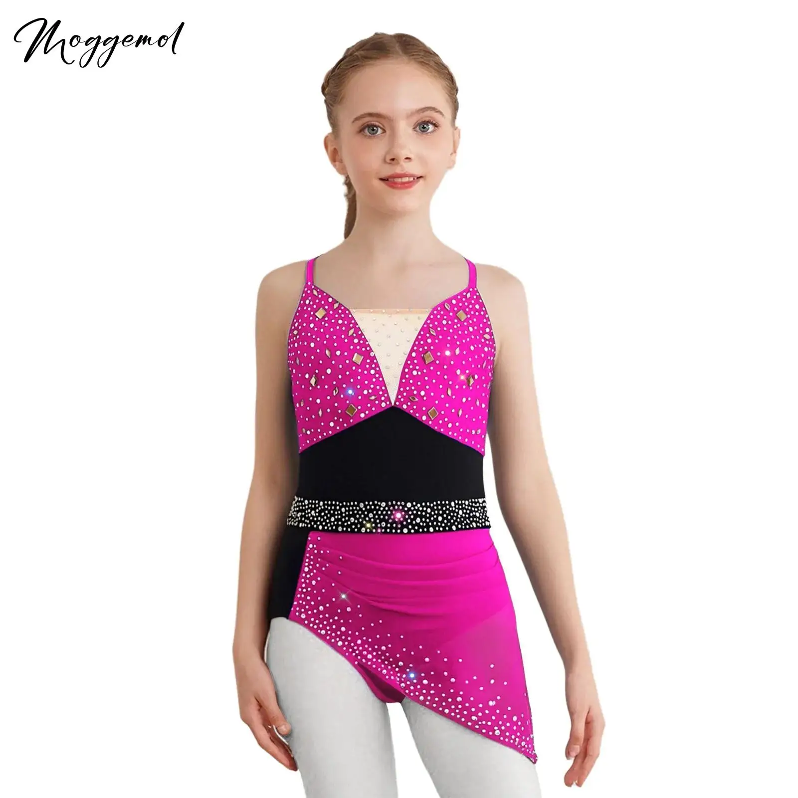 

Детские купальники для фигурного катания для девочек, балетные лирические танцевальные купальники, блестящие стразы, рюши, асимметричная сетка, художественный костюм, танцевальная одежда