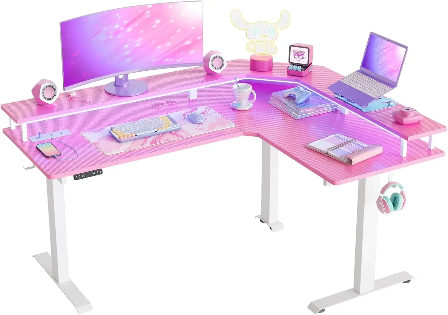 Height Adjustable Stand up Corner Gaming Desk with Ergonomic Monitor Stand, Pink Carbon Fiber Top/White Frame