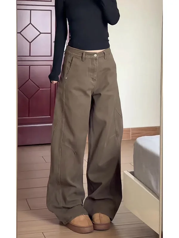 

Женские джинсы в стиле ретро, коричневые, с высокой талией, свободные, прямого кроя, в рабочем стиле, зимние, повседневные, с декоративными элементами