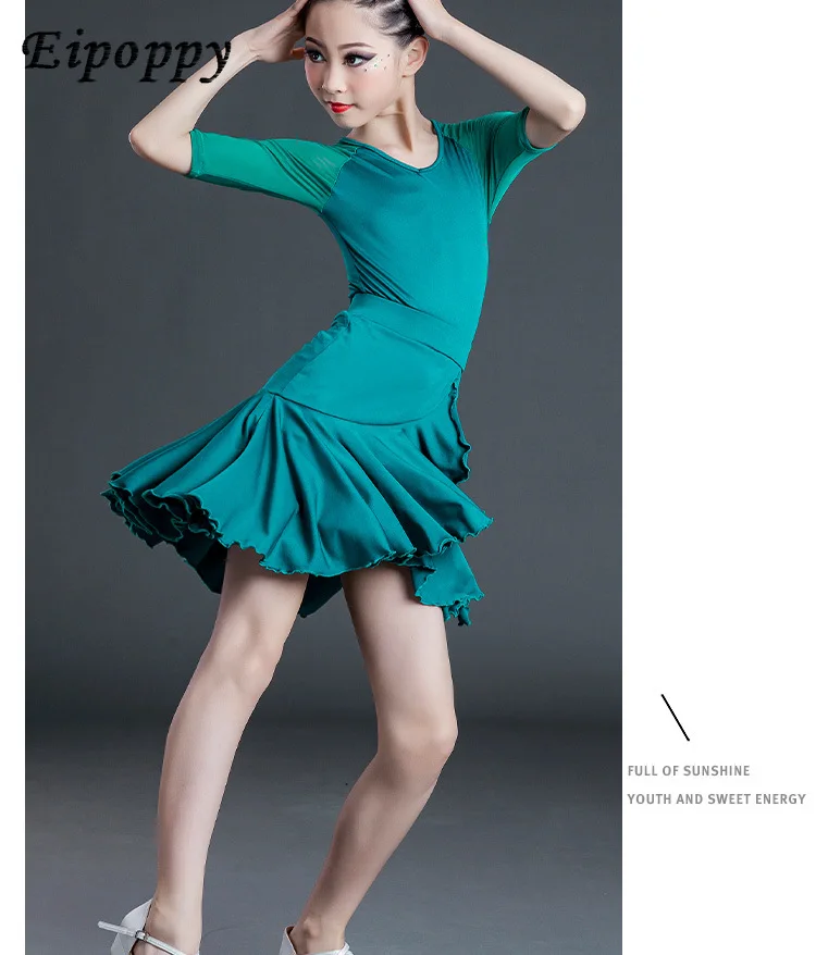 Children Latin Dance Practice Clothes Examination Dress One-Pieces Short Sleeve Girls Competition Dress