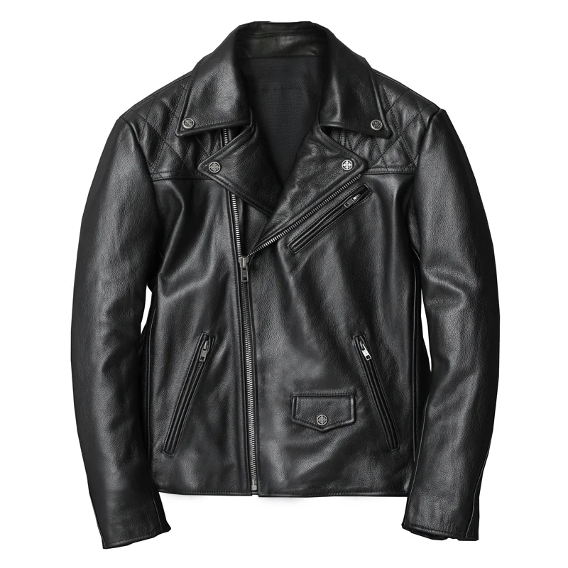 Black Autumn Leather Jacket Men Sports Style Plus Size 5XL Genuine Natural Cowhide Diagonal Zipper Add Protection Device Coat