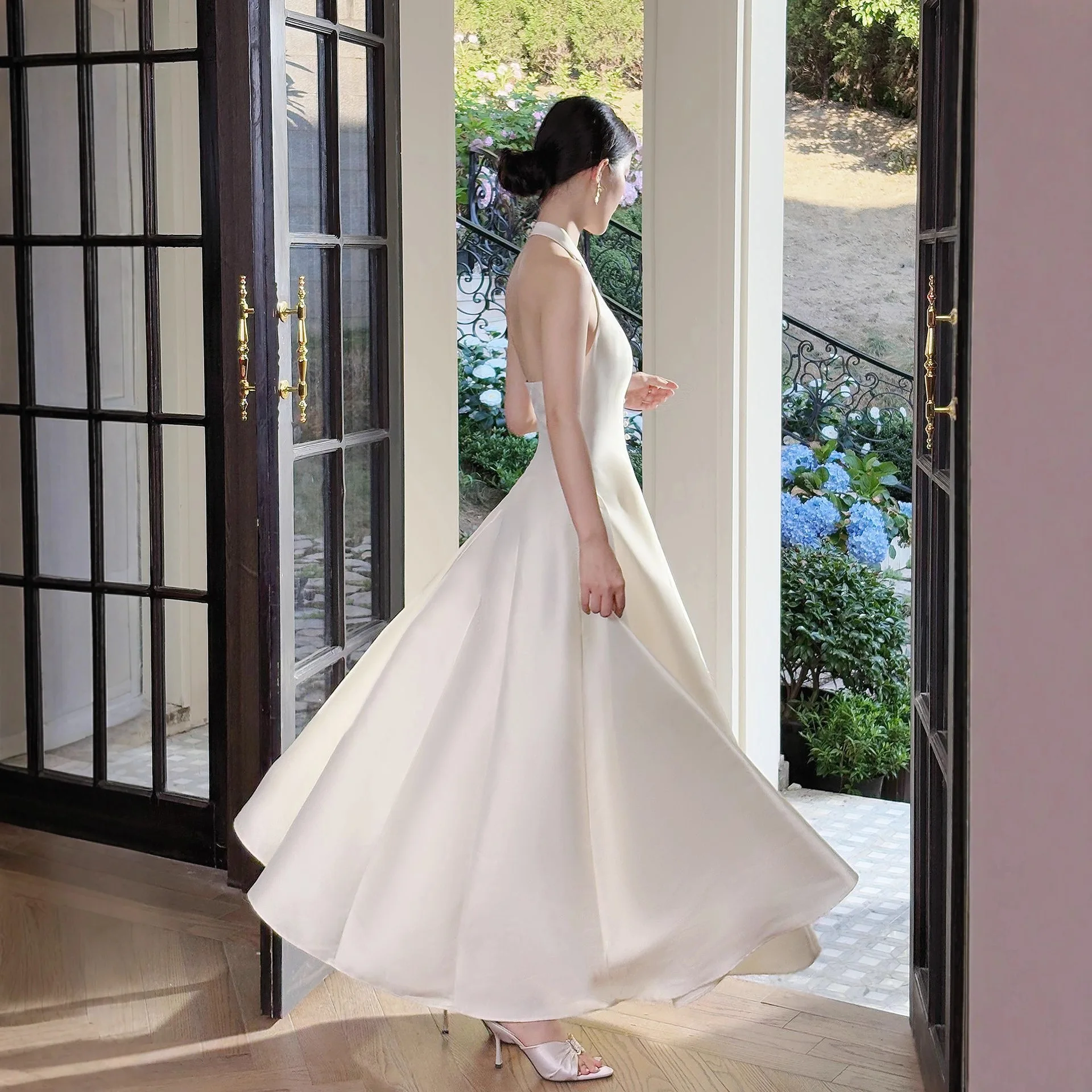 프렌치 스타일 심플 엘레강트 새틴 웨딩 이브닝 드레스 홀터 브이넥 섹시 백리스 하이웨이스트 슬림 A라인 롱 드레스 여성용