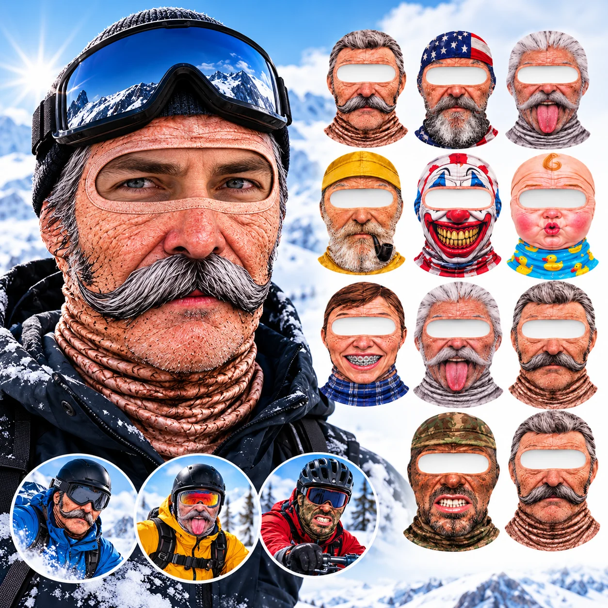 Funny 3D Printed White Mustache Old Man Balaclava Breathable Full Face Mask Winter Ski Cover with Neck Coverage for Snowboarding