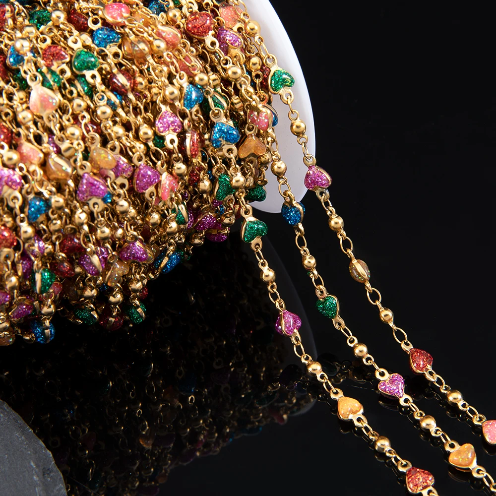 

1 meter love heart beads stainless steel chain golden chain with colorful glitter heart beads chain for diy necklace bracelet