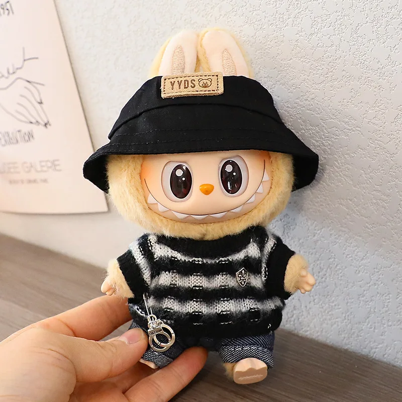 For 15/17cm Labubu Mini Striped Clothing Jeans Hats Shoes Bag Cool Handsome Set Labubu V1 V2 Clothes Outfit Accessories Gift - Image 3