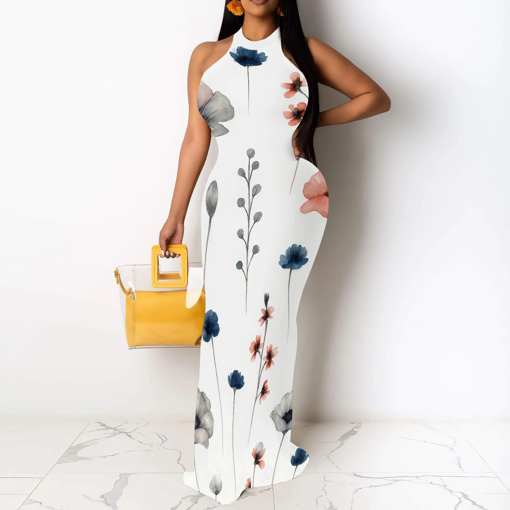 

Women Sexy Printed Summer Bodycon Round Halter Neck Sleeveless Maxi Dress