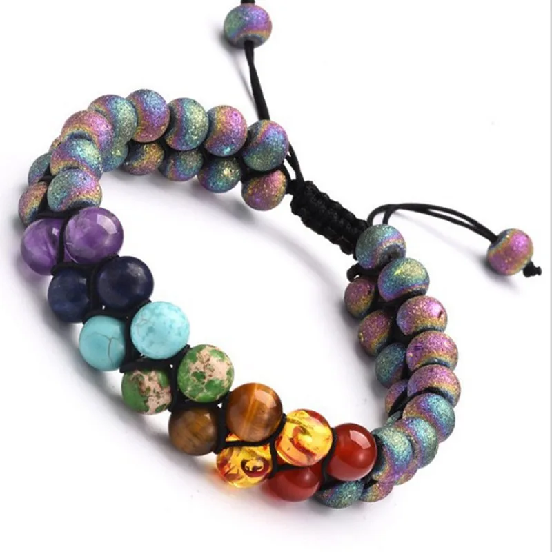Fashionable Men\'s Beaded Bracelet Double Braided Volcanic Stone Beaded Bracelet Women\'s Casual Yoga Handwoven Bracelet