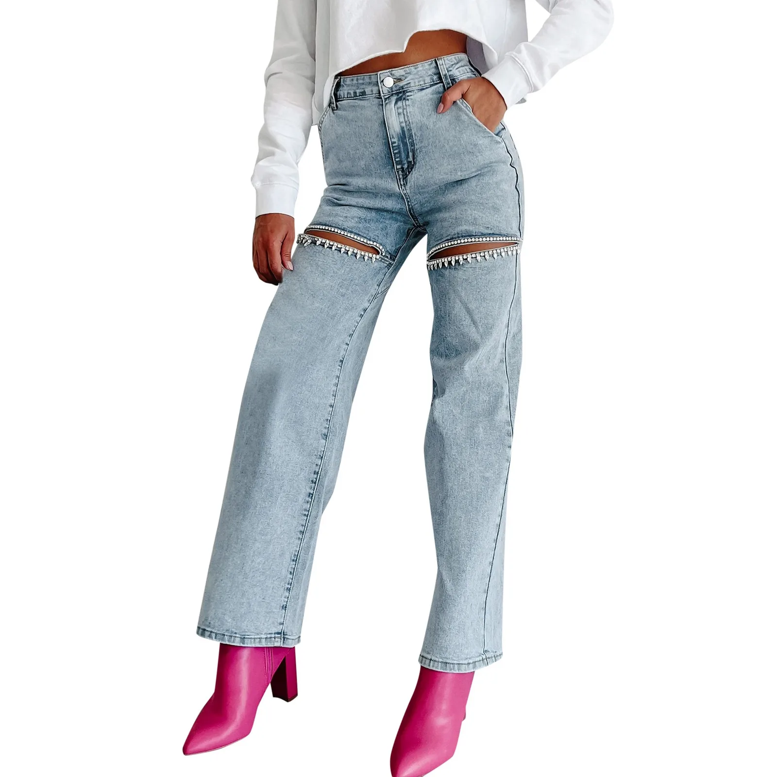 

Streetwear Ripped Jeans Women Fashion Loose Wide Leg Pants Summer Casual All Match Female Us Straight Denim Trousers Baggy Jeans