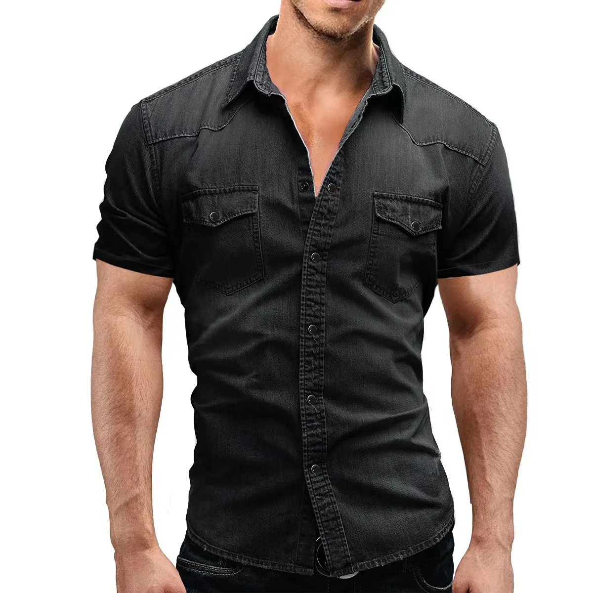 

Slim Fit Men's Denim irt ort Sve Youth Trend Summer Regular Thin Pure Color Button down Collar Casual irt