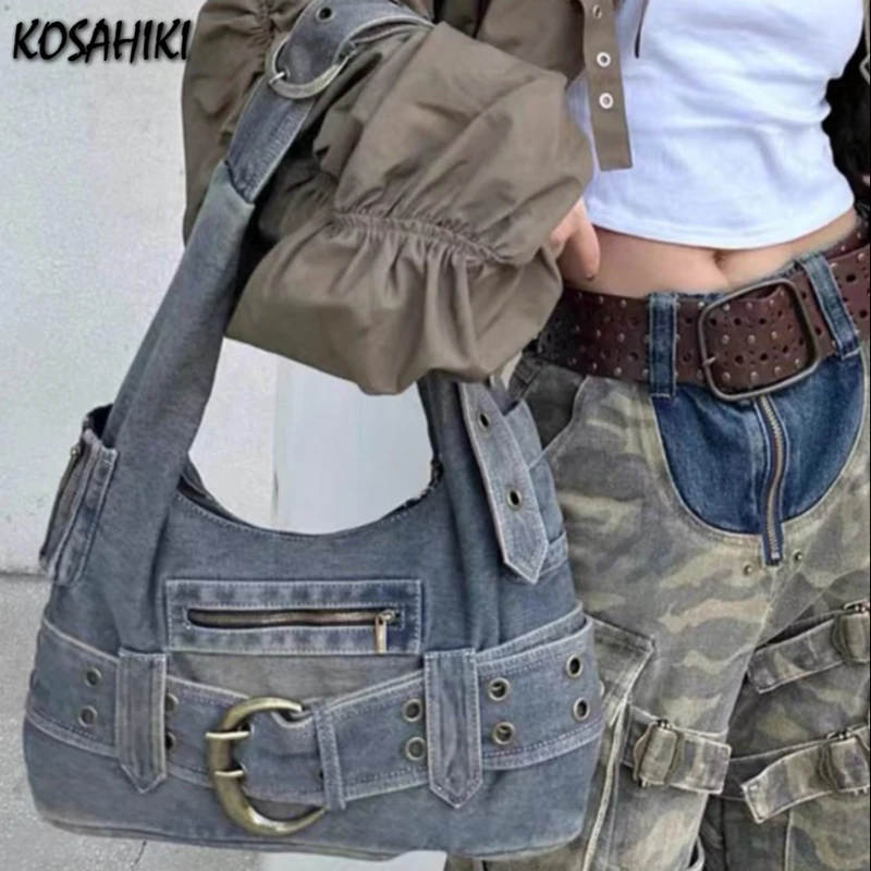 Y2k estetyczne Denim Punk prosta torba pod pachami japoński Vintage wszystkie mecze Ins torba pod pachami 2024 Streetwear Casual torebki damskie