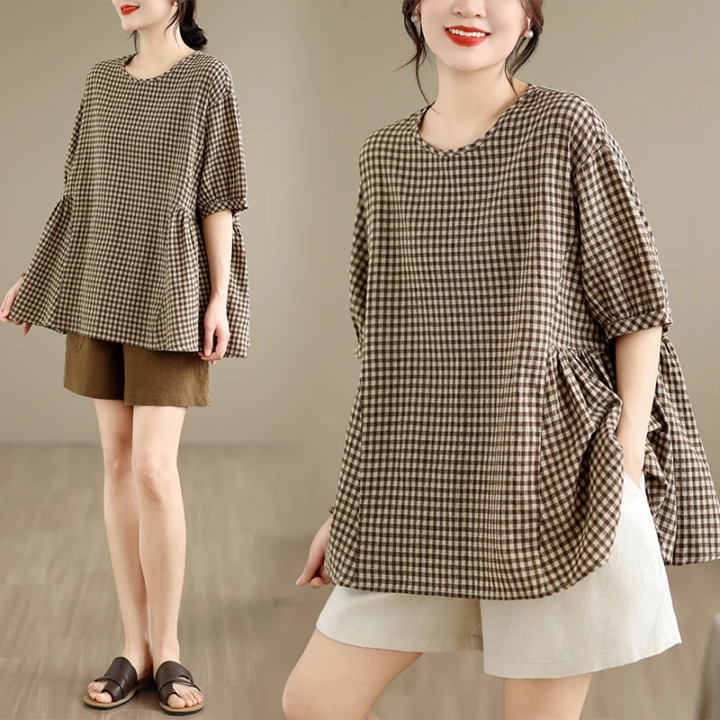 

High-End Large Size Cotton Linen Doll Shirt Women's Base T-Shirt Summer New Style Commute Artistic round Neck Short Sleeve