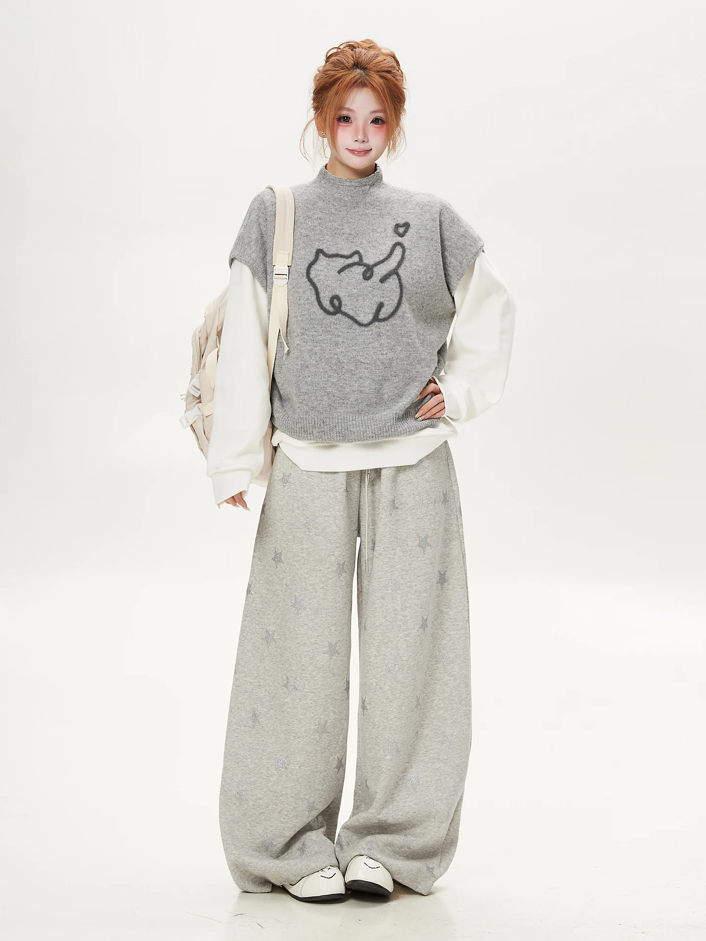Gray Cartoon Patterned Sleeveless Knitted Sweater Women's Style Loose Fit Casual Leisure Ant Themed Vest Easy to Wear